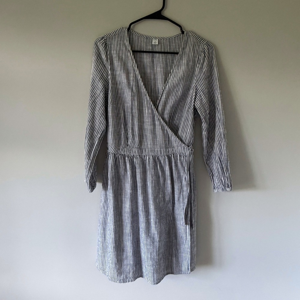 Old Navy Black White Striped Cotton Wrap Dress Long Sleeve Mini Size M Nautical